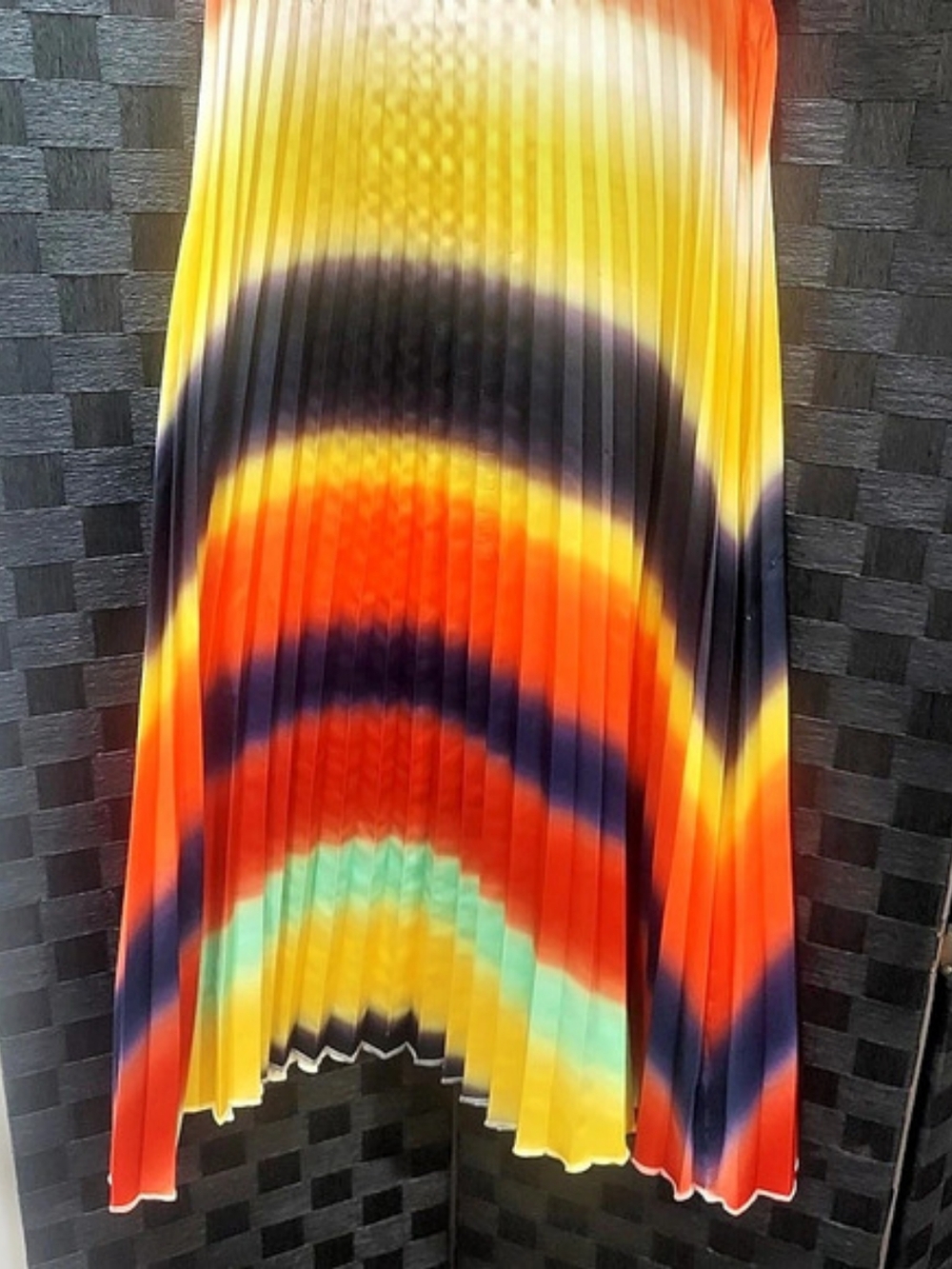 KoKo Ailis Pleated Abstract Midi Skirt in Orange & Yellow Size Large